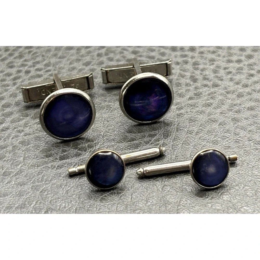Vintage Silver Tone Moonglow Blue Cabochon Cufflinks Studs Cuff Button Set
